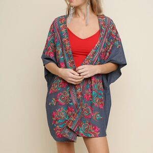 Umgee Boho Floral Embroidered Open Front Kimono Size S/M